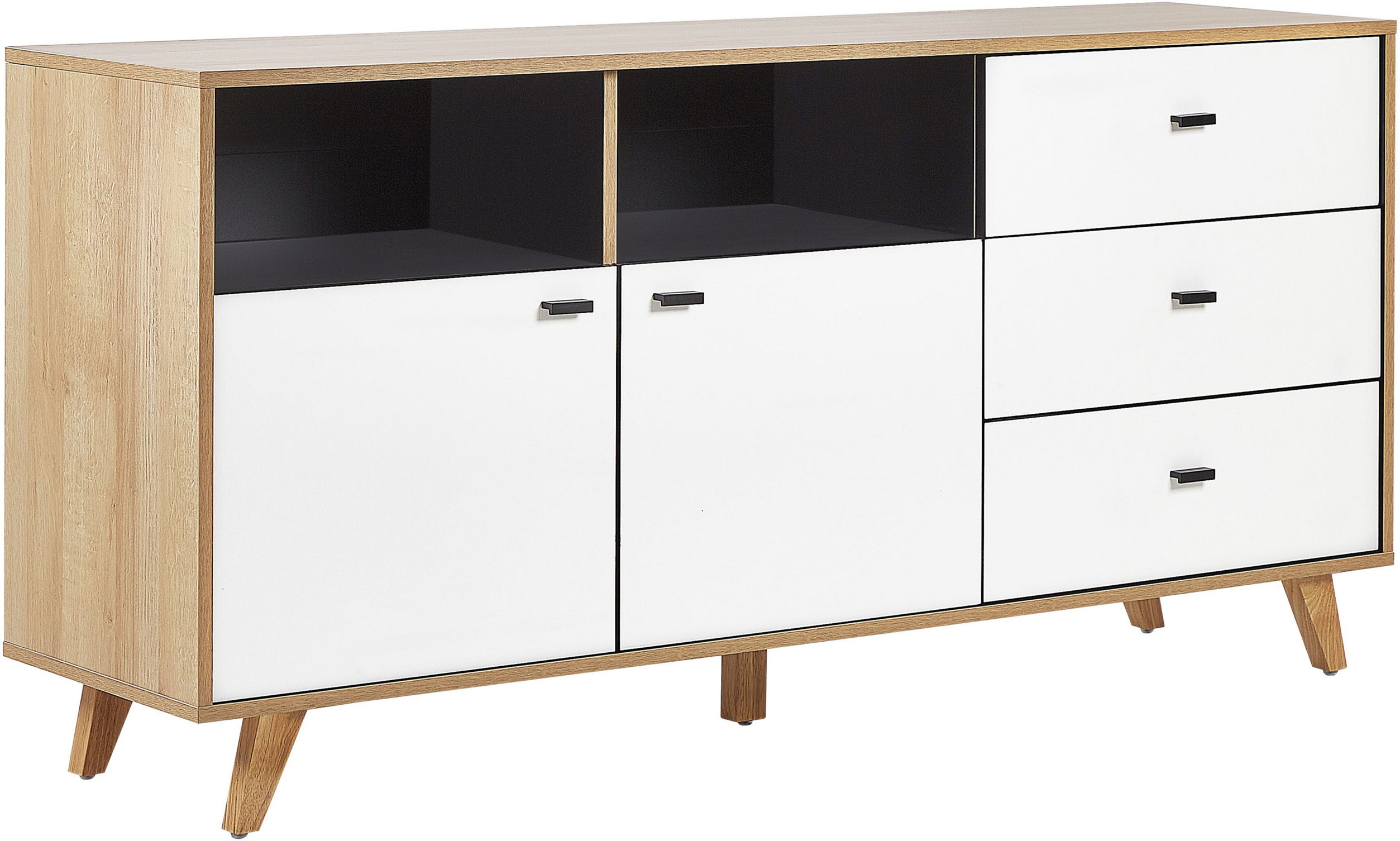 Beliani Sideboard Light Wood with White Engineered Wood Solid Wood Legs Storage Cabinets Drawers Scandinavian