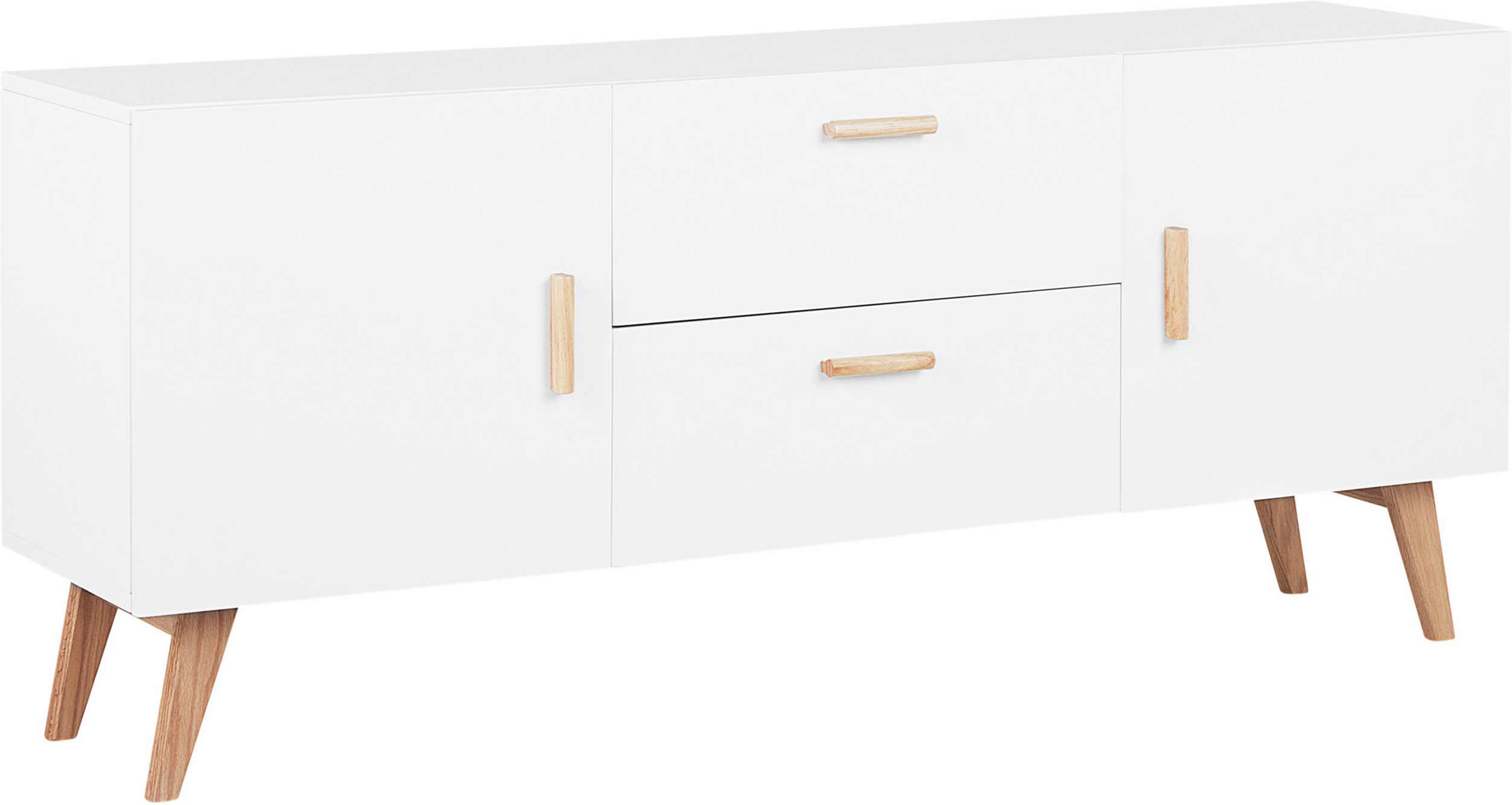 Beliani Sideboard White 2 Drawers 2 Cabinets Oak Legs Modern Scandinavian