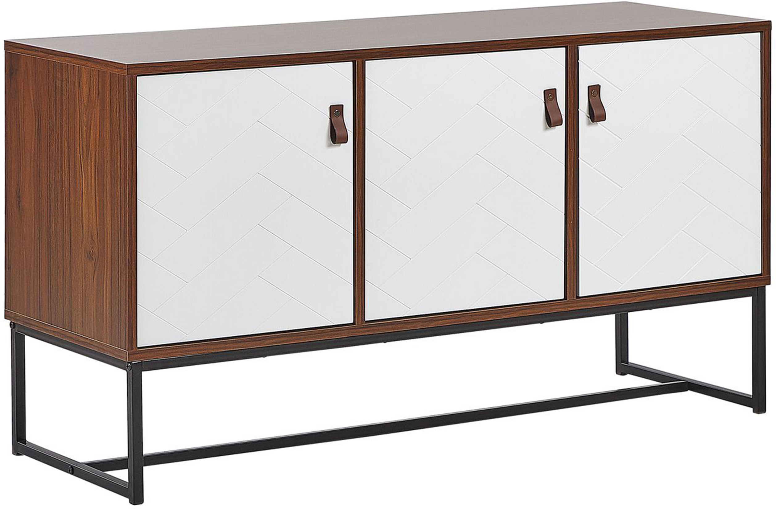 Beliani Sideboard Dark Wood with White Metal Legs Rectangular Storage Cabinet TV Stand 3 Compartments Doors 62 x 112 cm Living Room Furniture