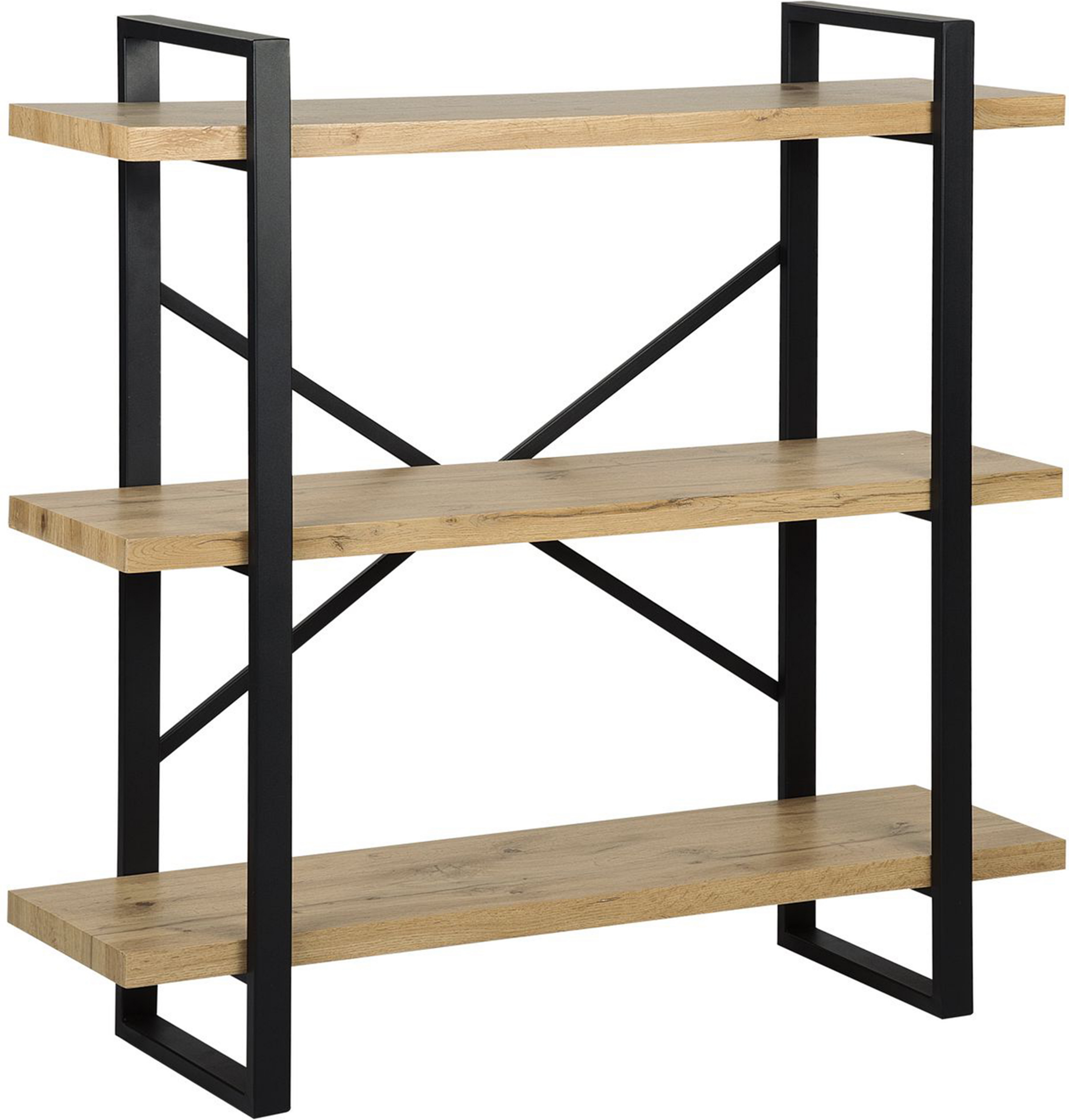 Beliani 3 Tier Bookcase Light Wood with Black Metal Frame Open Shelves Industrial Cross-Back Home Storage Minimalist Freestanding Unit