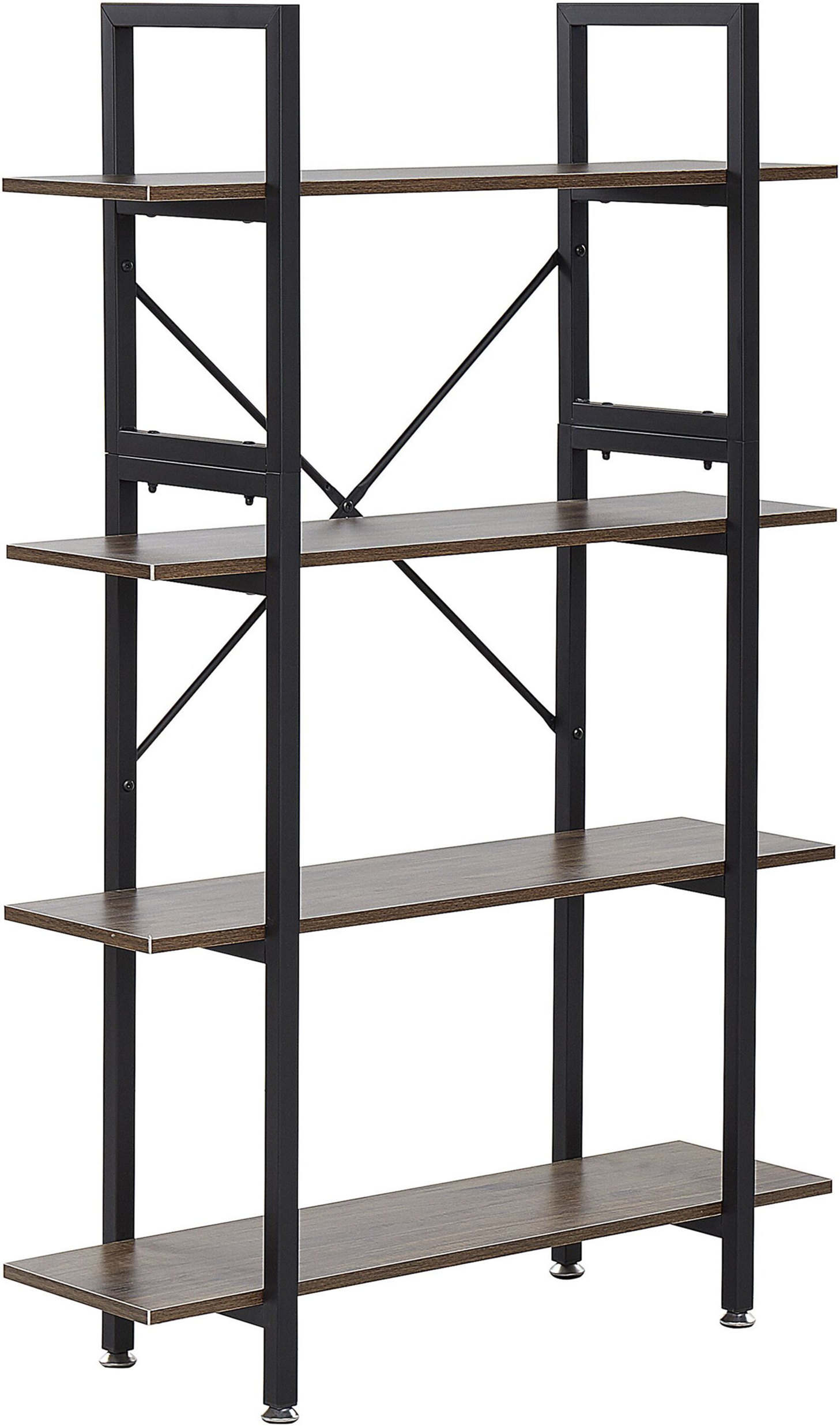 Beliani Bookcase Dark Wood Black Metal Steel Frame 4 Tier Open Back Adjustable Feet Industrial