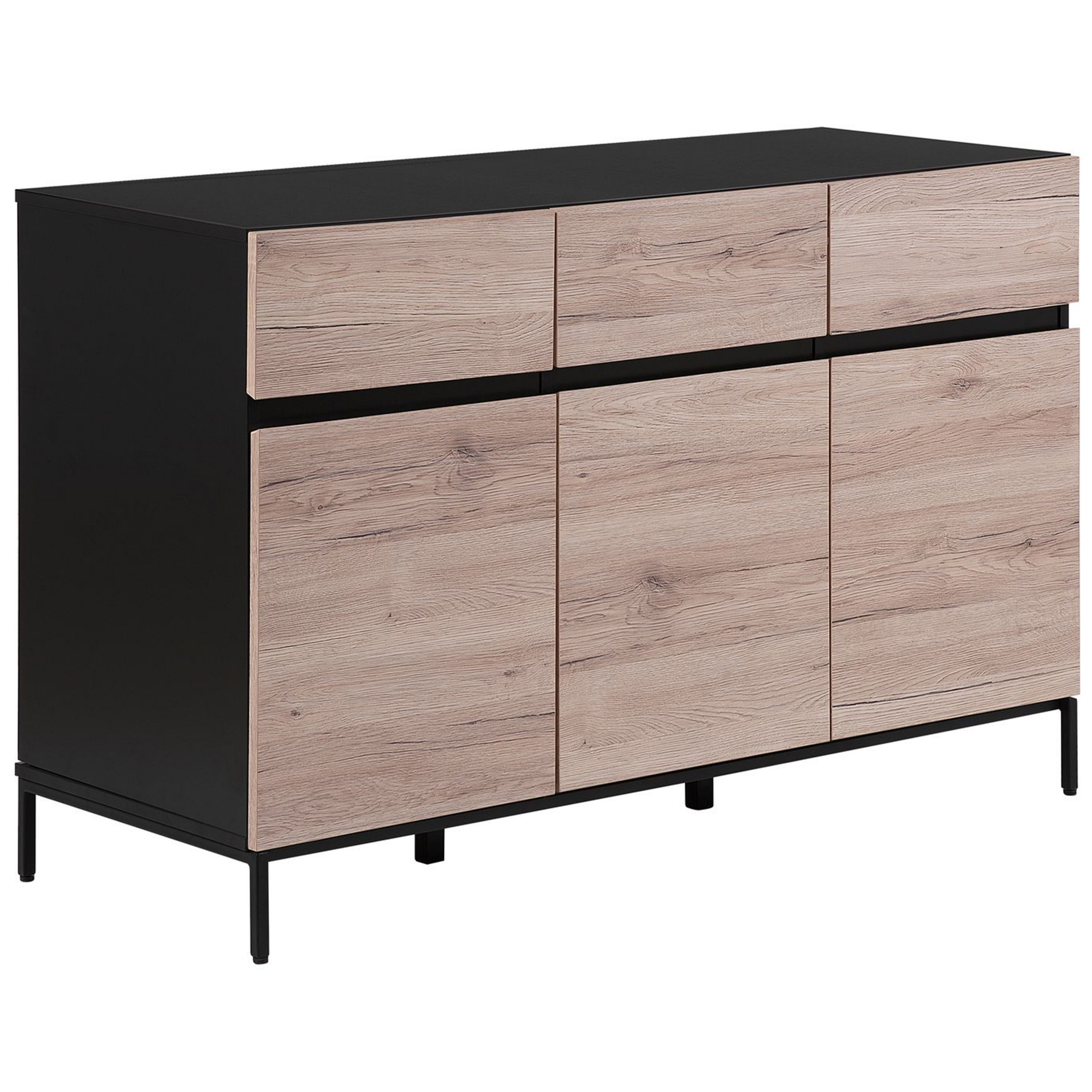 Beliani Sideboard Light Wood with Black Top 3 Drawers Cabinets Chest of Drawers