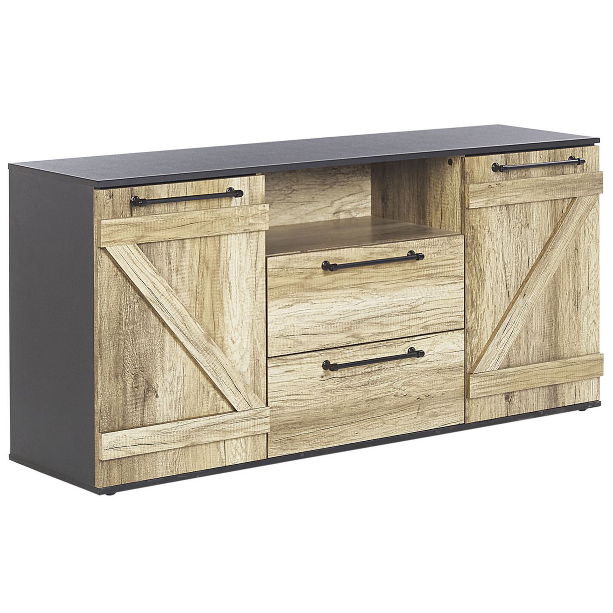 Beliani Sideboard Light Wood and Black Particle Board 72 cm with Drawers Barn Style