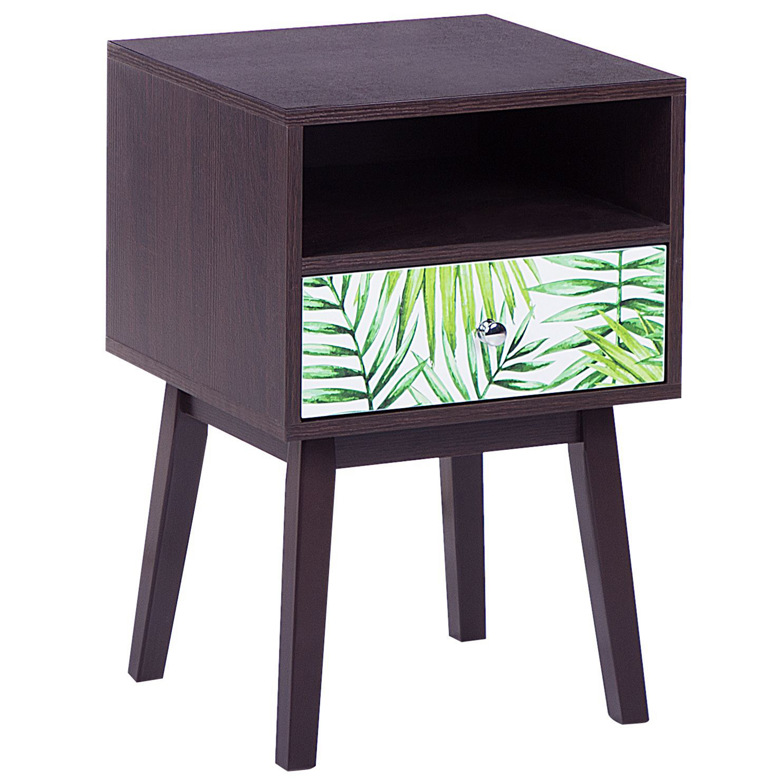 Beliani Bedside Table Nightstand Dark Wood with Floral Pattern 1 Drawer Manufactured Wood Modern Design