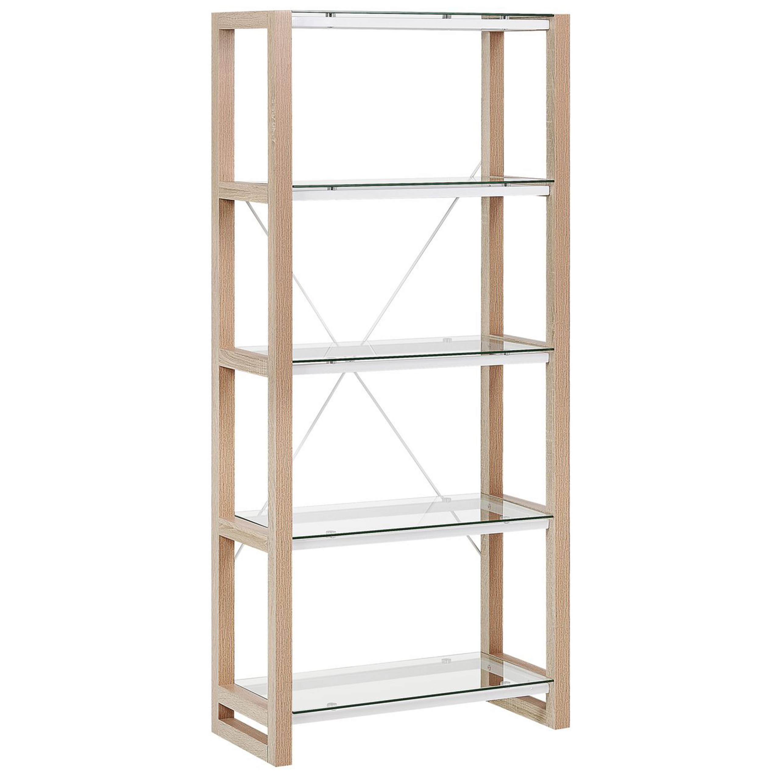 Beliani Bookcase White and Light Wood Wooden Glass Shelves Freestanding Shelving Unit Scandinavian Design