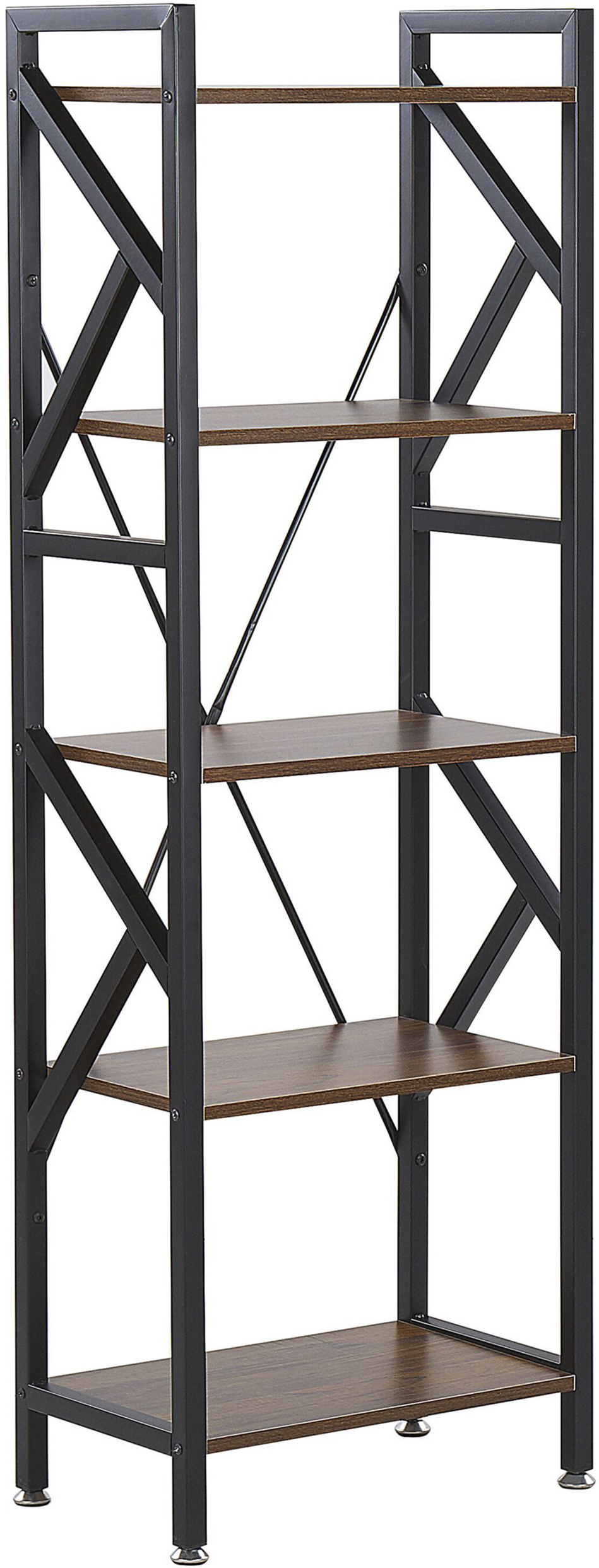 Beliani Bookcase Dark Wood Black Metal Steel Frame 5 Tier Open Back Adjustable Feet Industrial