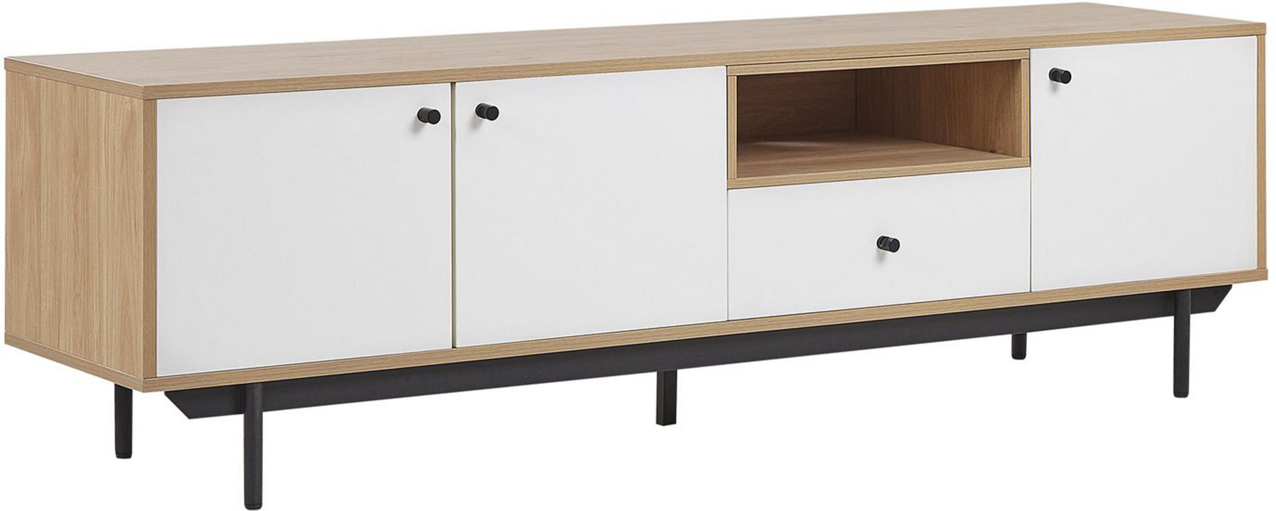 Beliani TV Stand Light Wood with White for up to 75ʺ TV Engineered Wood with Drawer Cabinets and Shelves Cable Management