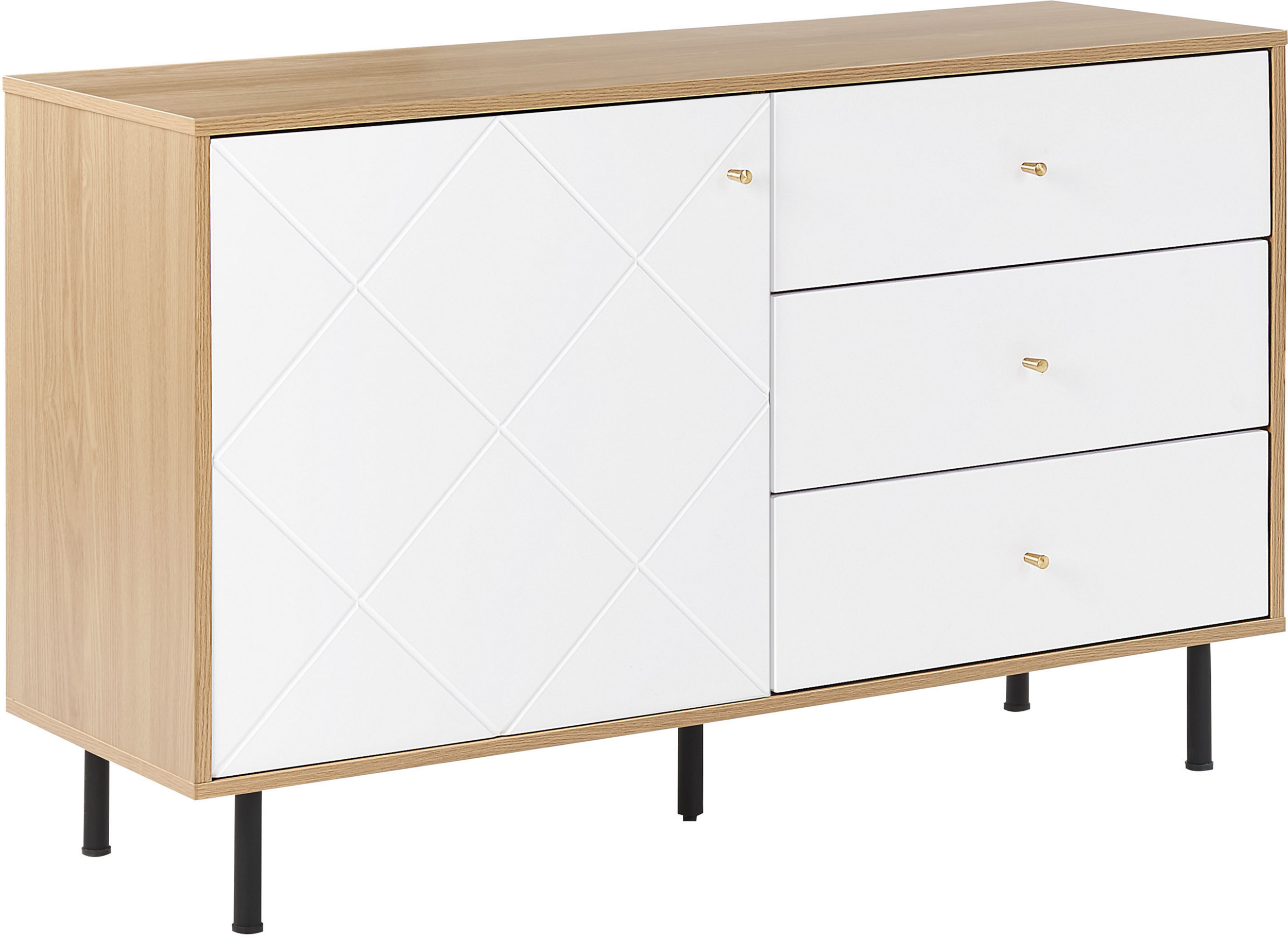 Beliani Sideboard Light Wood with White 118 x 40 cm 3 Drawer 1 Cabinet Scandinavian Glam