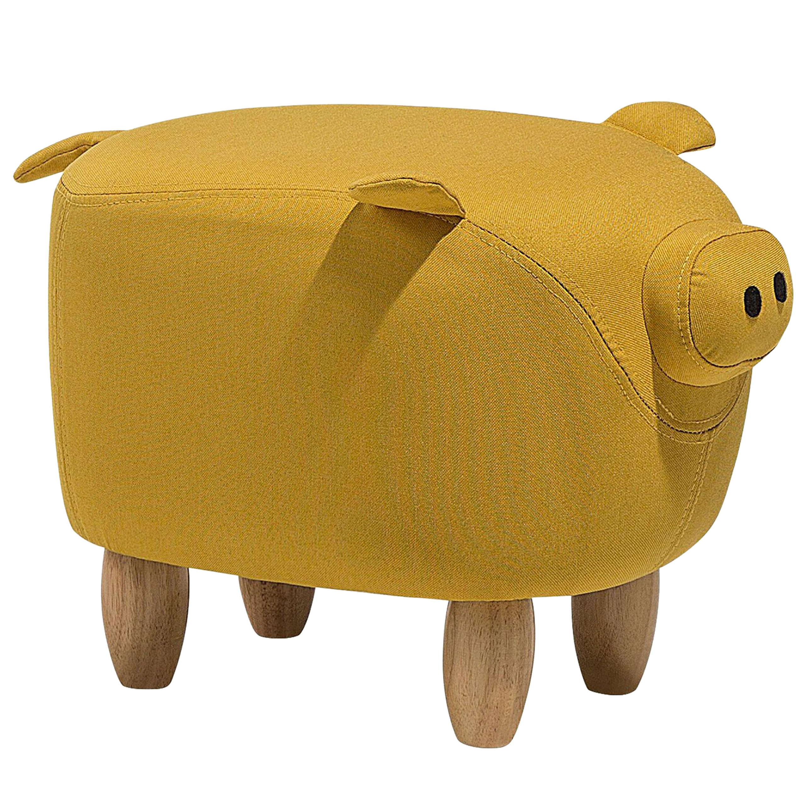 Beliani Animal Pig Children Stool Yellow Fabric Wooden Legs Nursery Footstool