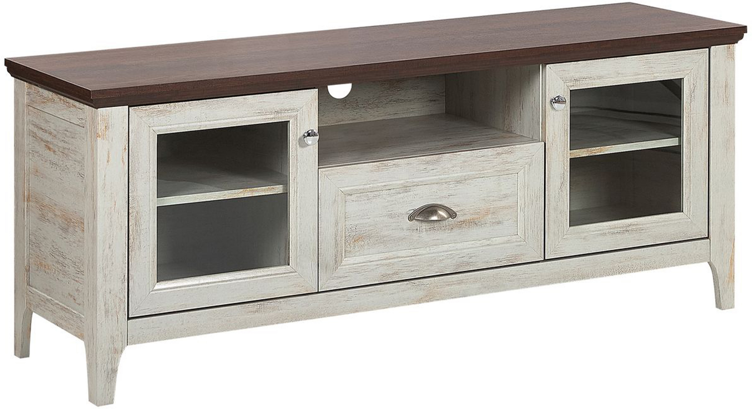 Beliani TV Stand White with Dark Wood 58 x 141 cm with Glass Display Cabinets and Drawer Retro