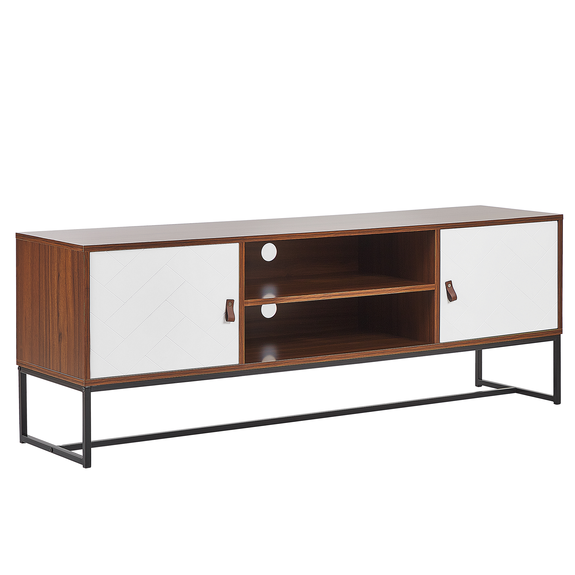 Beliani TV Stand Dark Wood with White Metal Legs Rectangular For up to 75ʺ TV Media Unit with Shelves Doors Cable Management Living Room Furniture