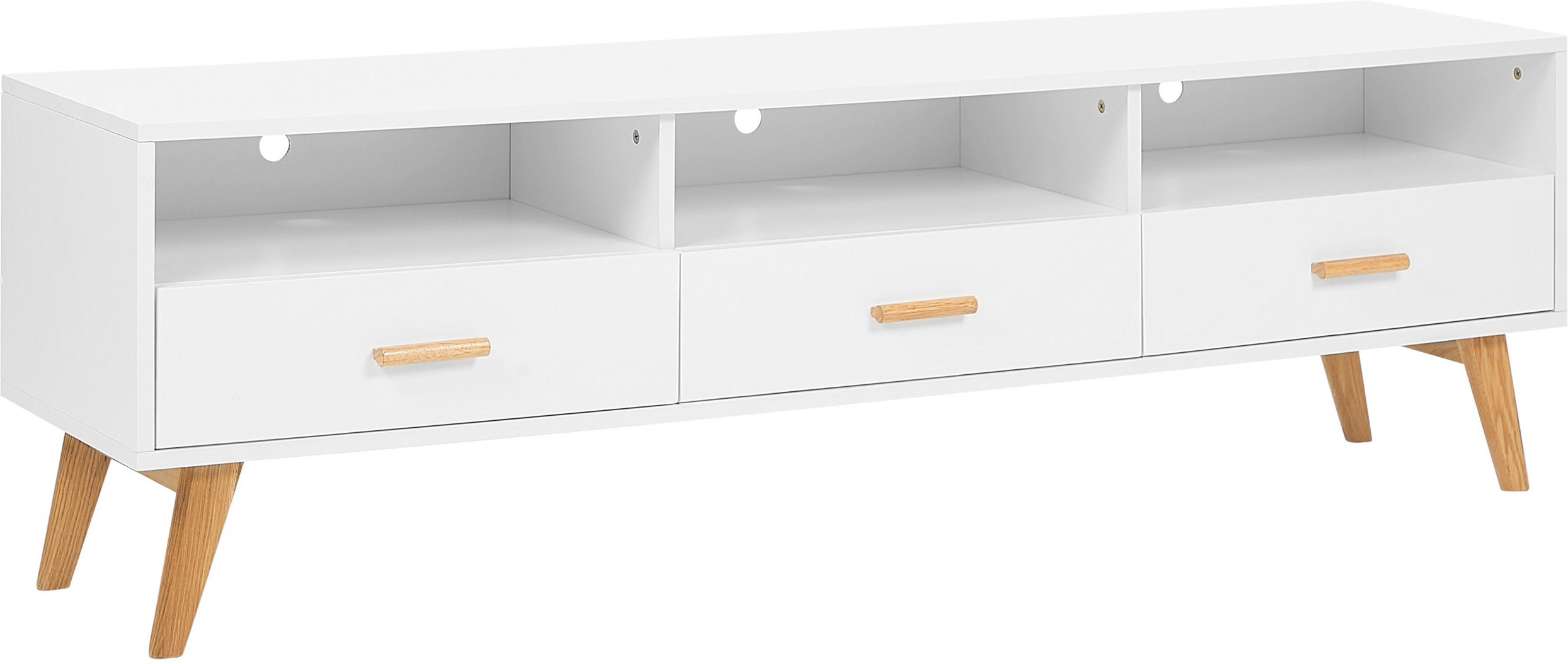 Beliani TV Stand White with Light Wood 55 x 180 x 40 cm Media Unit with Shelves and Drawers