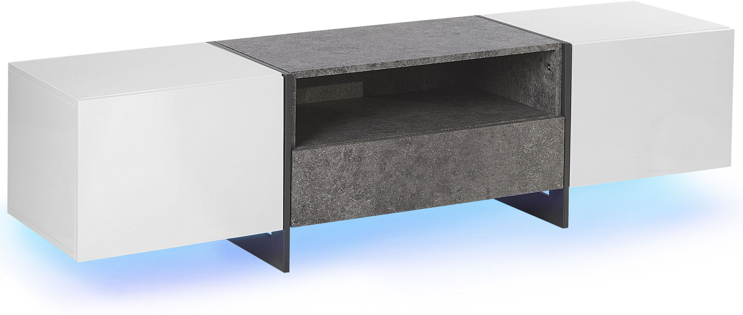 Beliani TV Stand Concrete Effect and White Veneered with LED Light Storage Shelf Drawer Cabinets Industrial