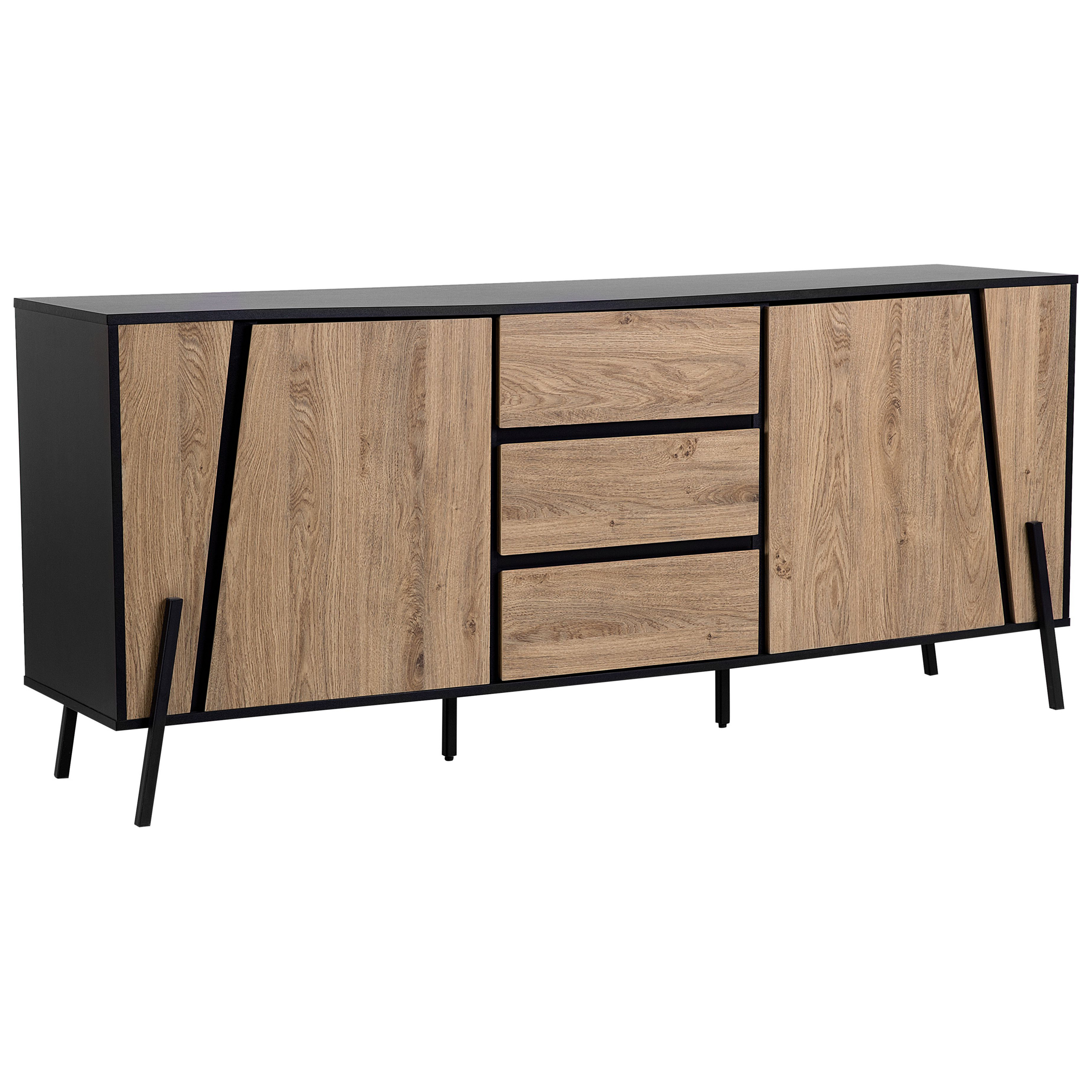 Beliani Sideboard Dark Wood 2 Cabinets 3 Drawers Metal Legs Minimalist
