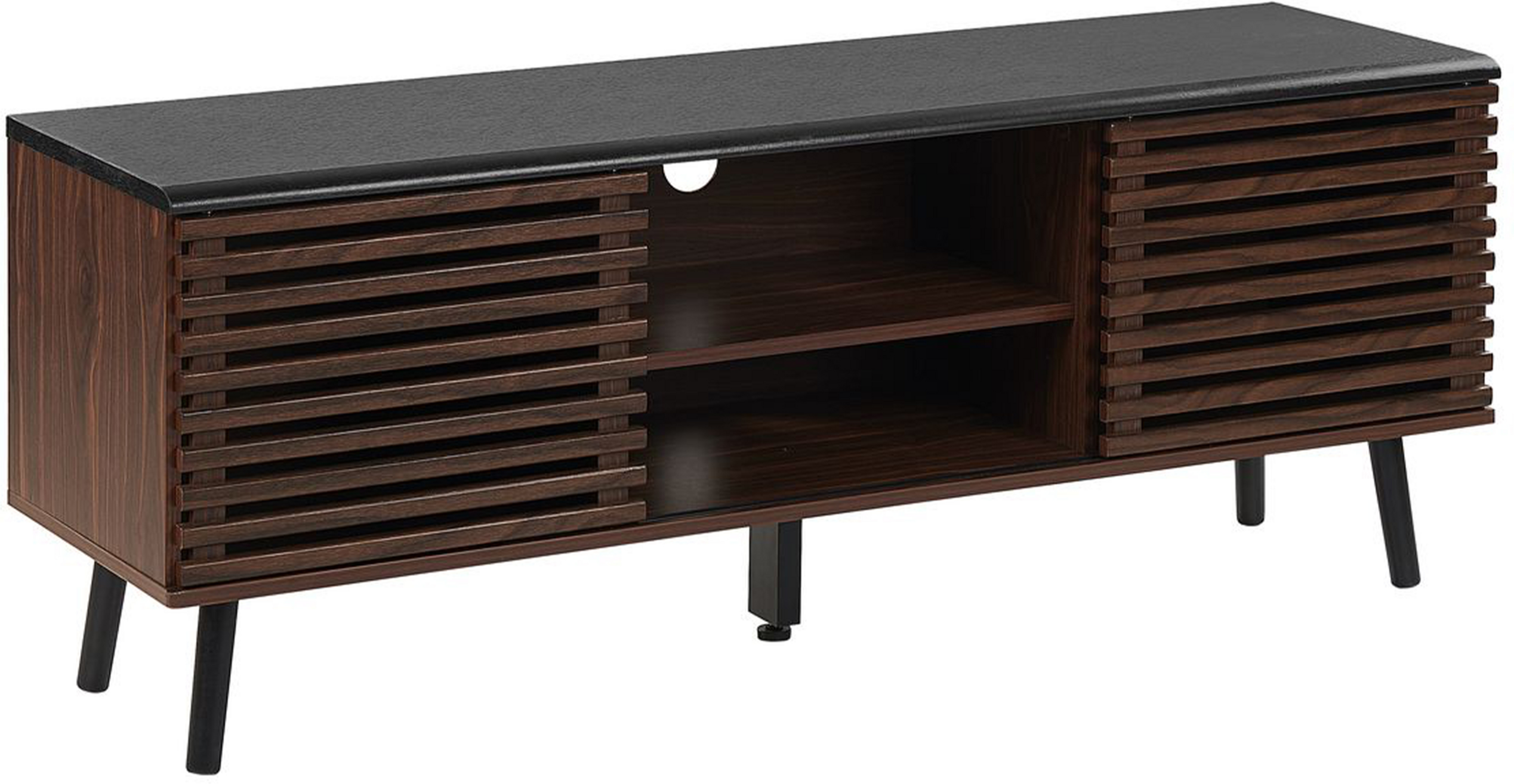 Beliani TV Stand Dark Wood Finish up to 63ʺ TV Sideboard with Sliding Slatted Doors