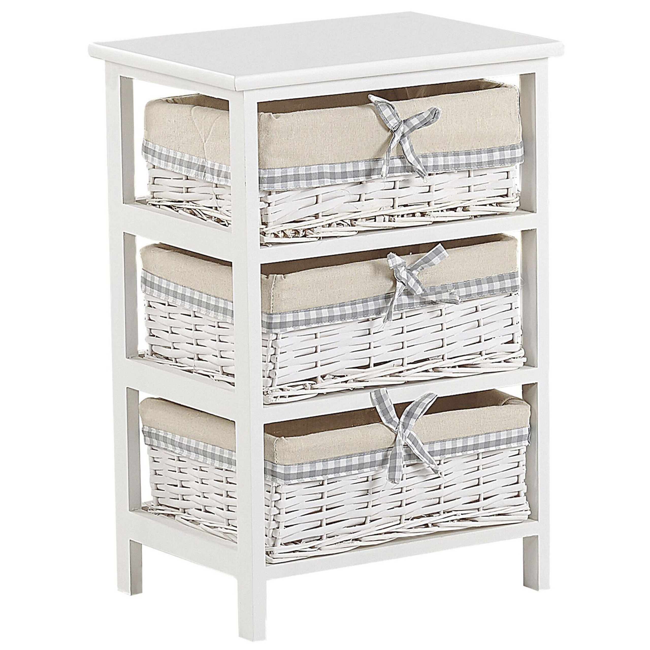 Beliani Storage Unit White Wood MDF 58 x 40 cm 3 Wicker Baskets with Beige Fabric Lining Bedside Table Children's Room Furniture