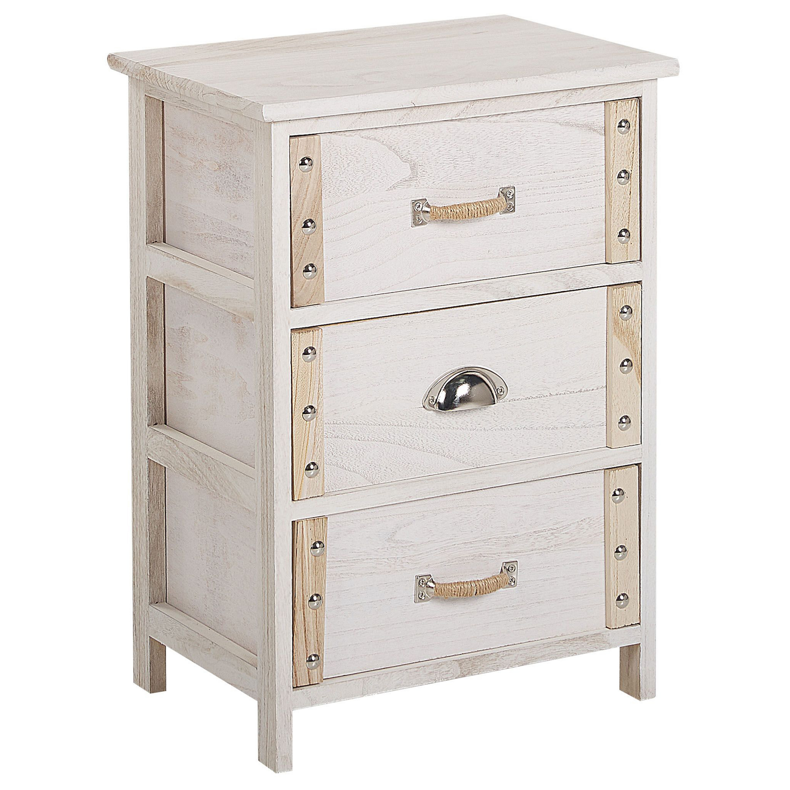 Beliani Bedside Table White with Light Wood MDF Solid Wood Odd Elements 3 Drawers Eclectic Boho Bedroom