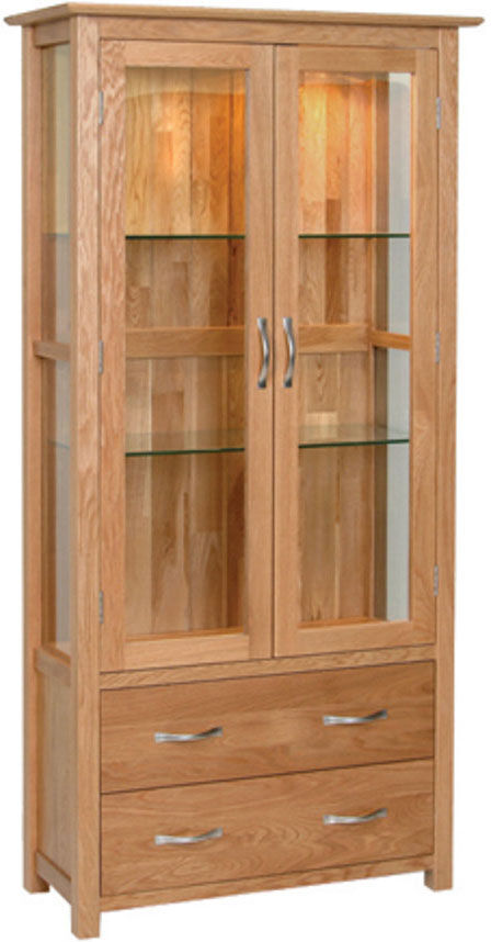 Devon Oak Glass Display Unit With Light & 2 Drawers