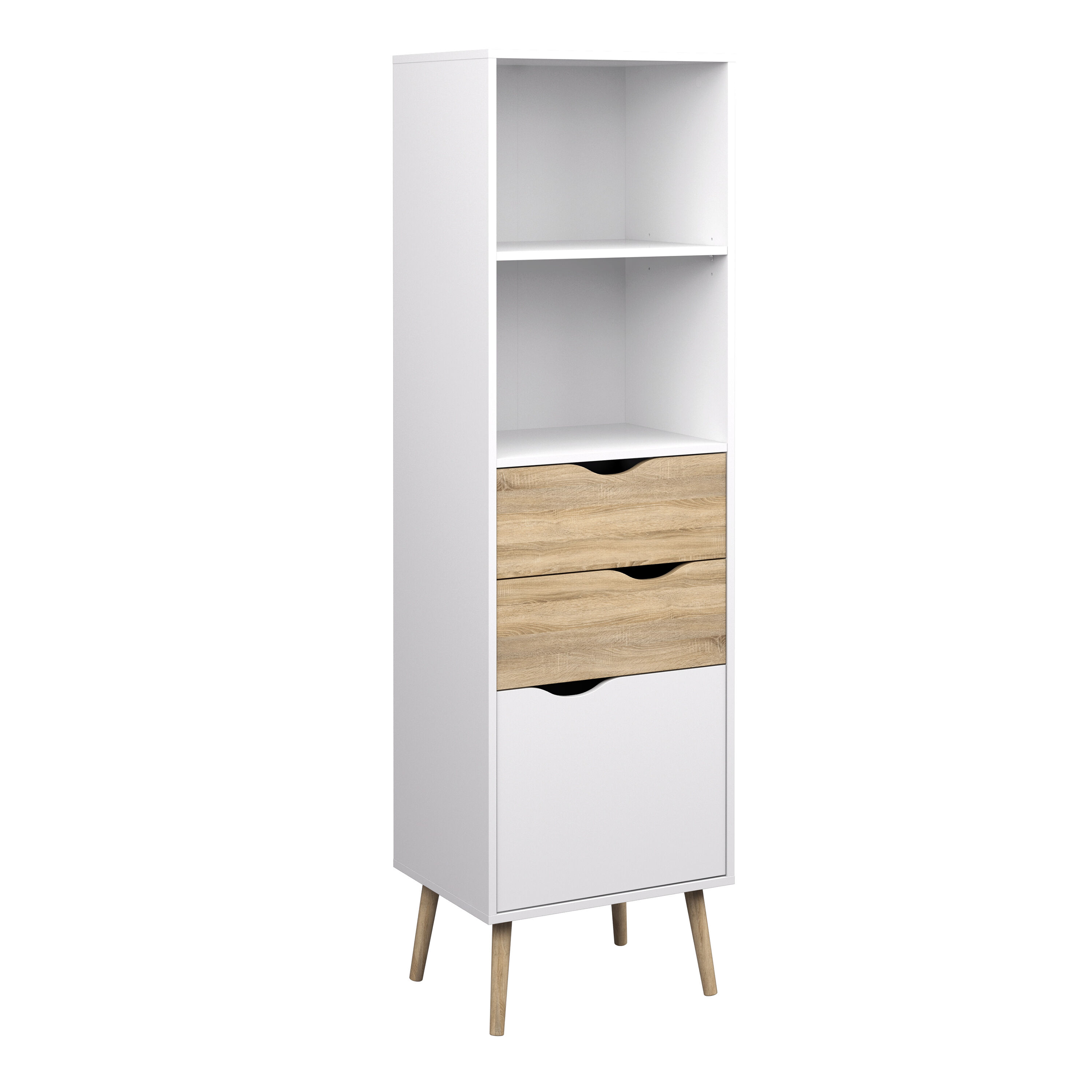 Oslo Bookcase With 2 Drawers 1 Door   White and Oak   Self Assembly