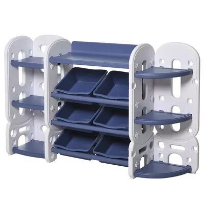 Qaba Kids Toy Storage Organizer Book Shelf with 3 Separate Shelving Sections 7 Shelves and 6 Removeable Bins Green, Blue