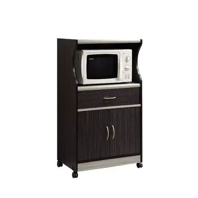Hodedah Wheeled Microwave Island Cart w/ Drawer and Cabinet Storage, Choco Grey, White