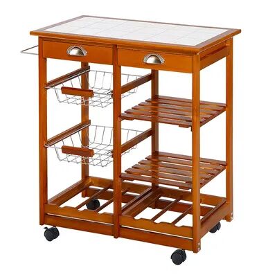 HOMCOM Wooden Rolling Kitchen Cart Tile Counter Top Utility Trolley with Towel Rack 2 Drawers 2 Shelves Wire Baskets and Wine Rack Natural, Red/Coppr