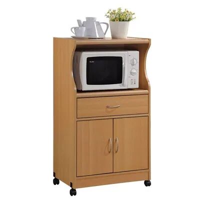 Hodedah Wheeled Microwave Island Cart with Drawer and Cabinet Storage, Beech, Beig/Green