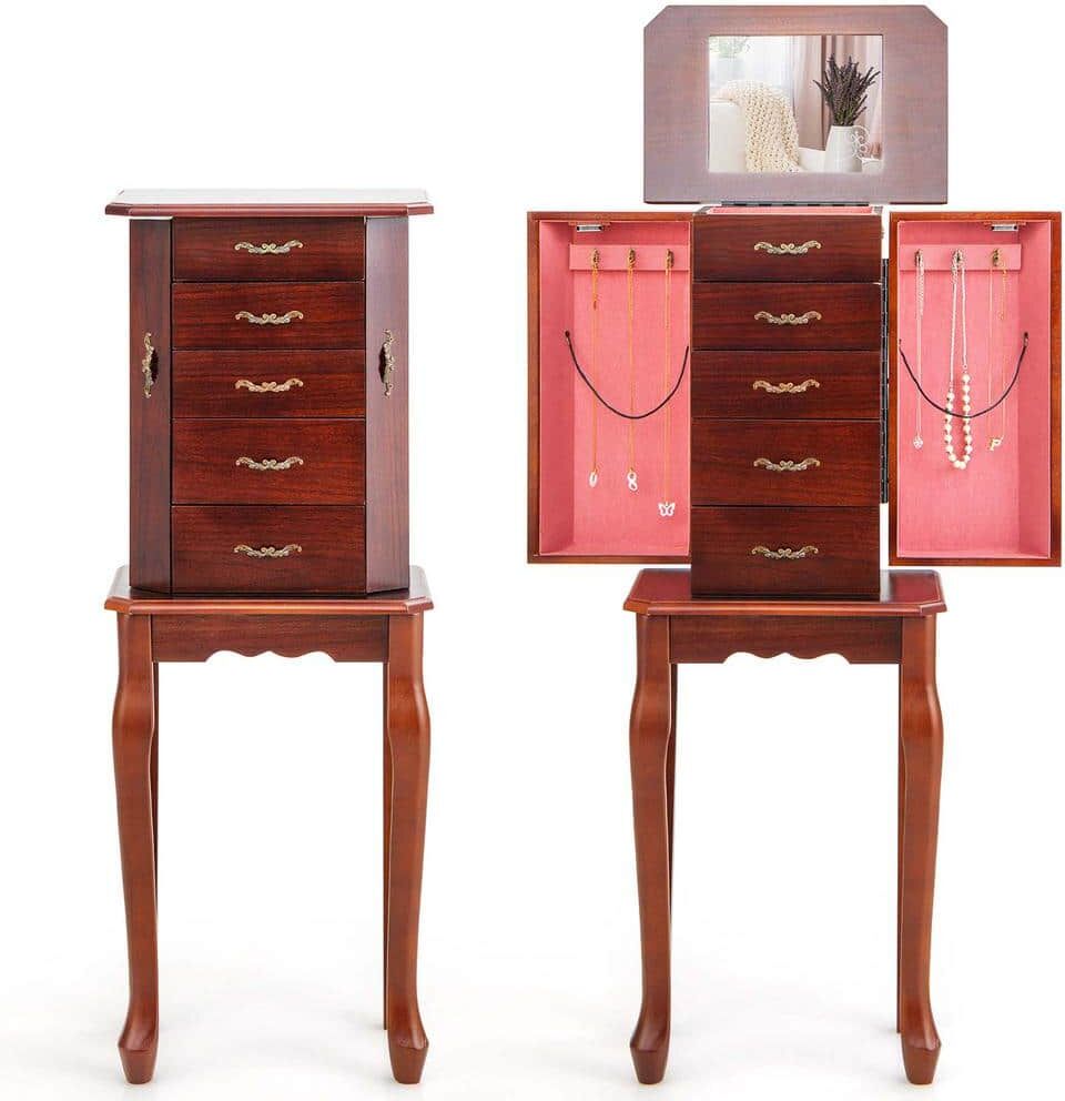 Costway Walnut Jewelry Cabinet Armoire Storage Chest Stand Organizer Wood Box