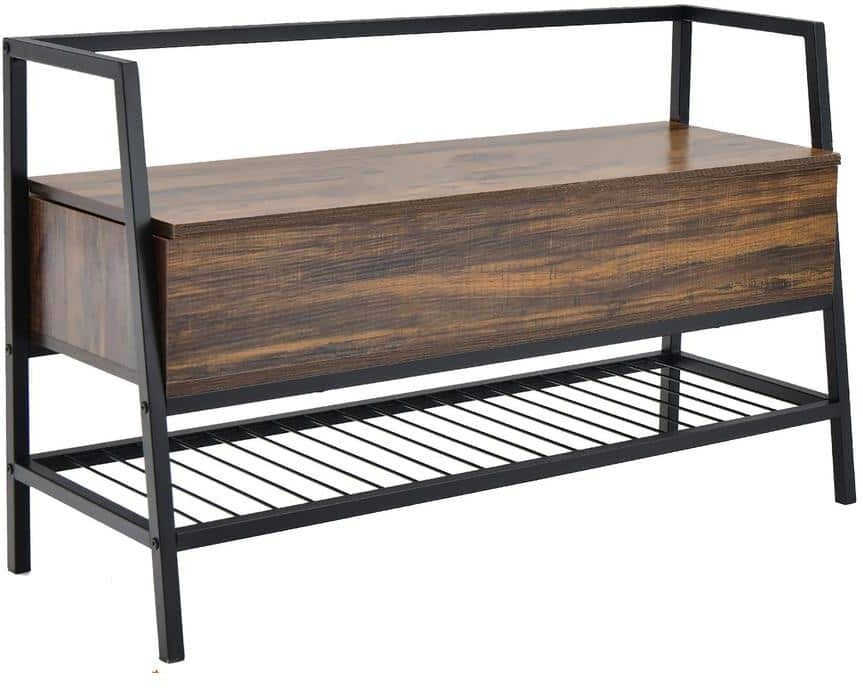 Costway 24.5 in. H x 39.5 in. W Brown Wood Industrial Shoe Storage Bench Rack Organizer w/Premium Gas Lift & Hidden Storage Box