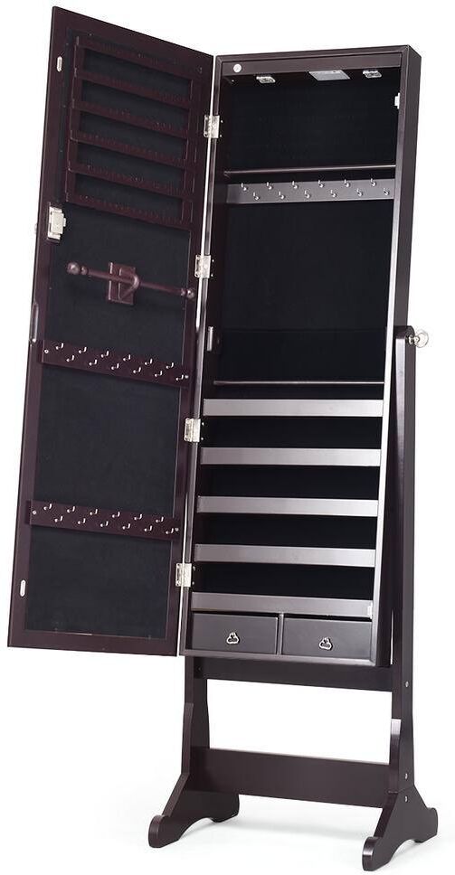 Costway Brown Wood 16 in. Lockable Mirrored Jewelry Cabinet Armoire Organizer Storage w/Stand & LED Lights