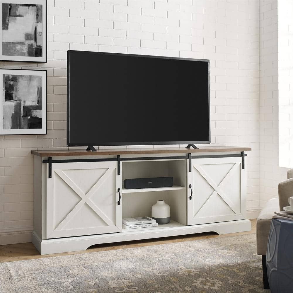 Welwick Designs 70 in. Reclaimed Barnwood and Brushed White Wood and Metal TV Stand with Sliding X Barn Doors (Max tv size 80 in.)