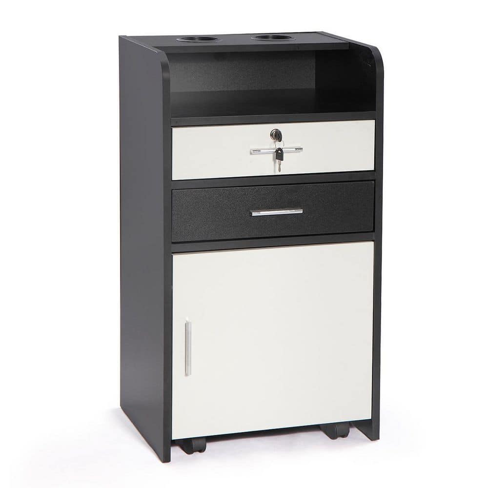 Amucolo Black White Salon Beauty Cabinet, 3-Layer Rolling Trolley with Storage Drawer, Wheels and 2-Hair Dryer Holders