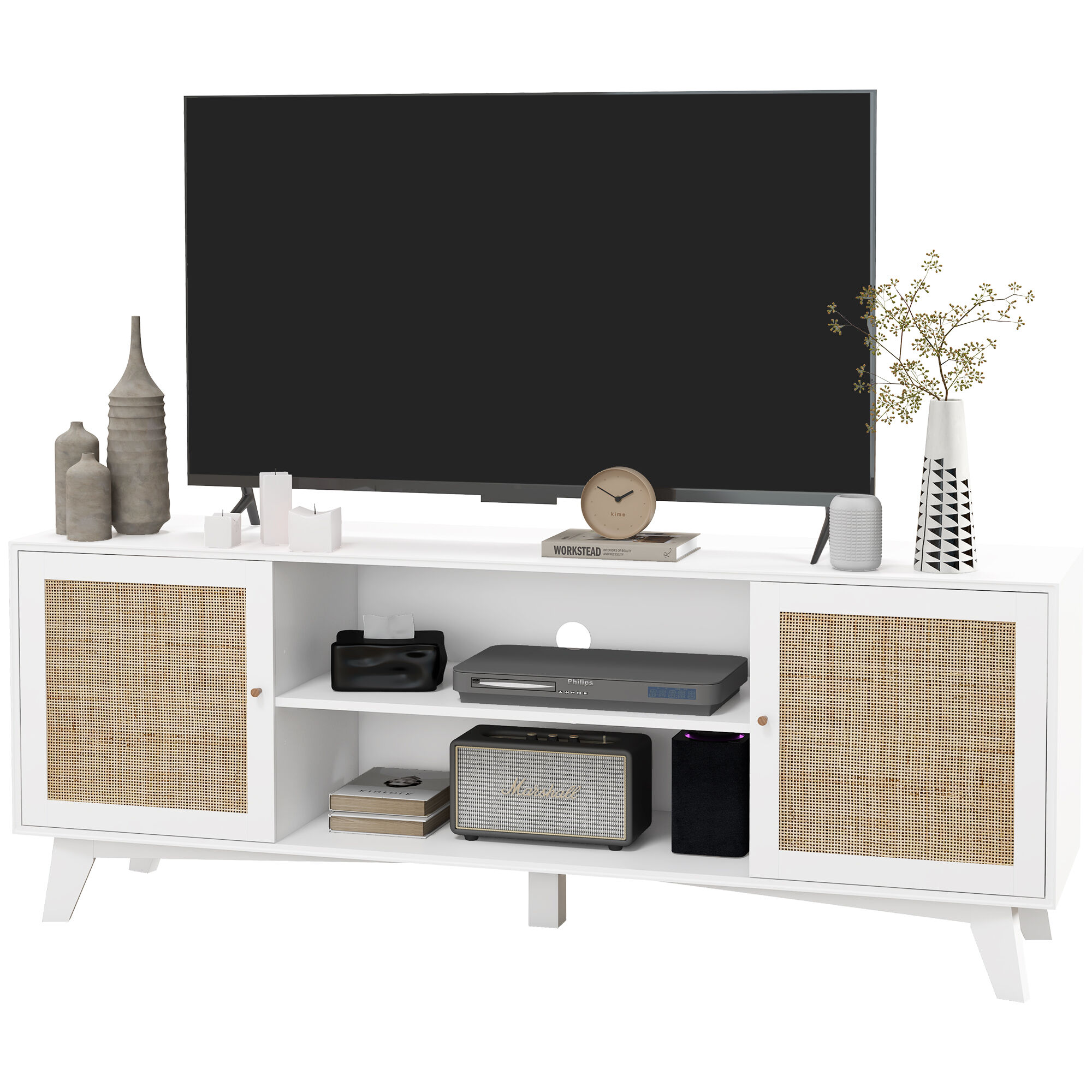 HOMCOM TV Stand for 65-Inch TV with 2 Rattan Doors Adjustable Shelves Cable Holes 4 Open Compartments   Aosom.com