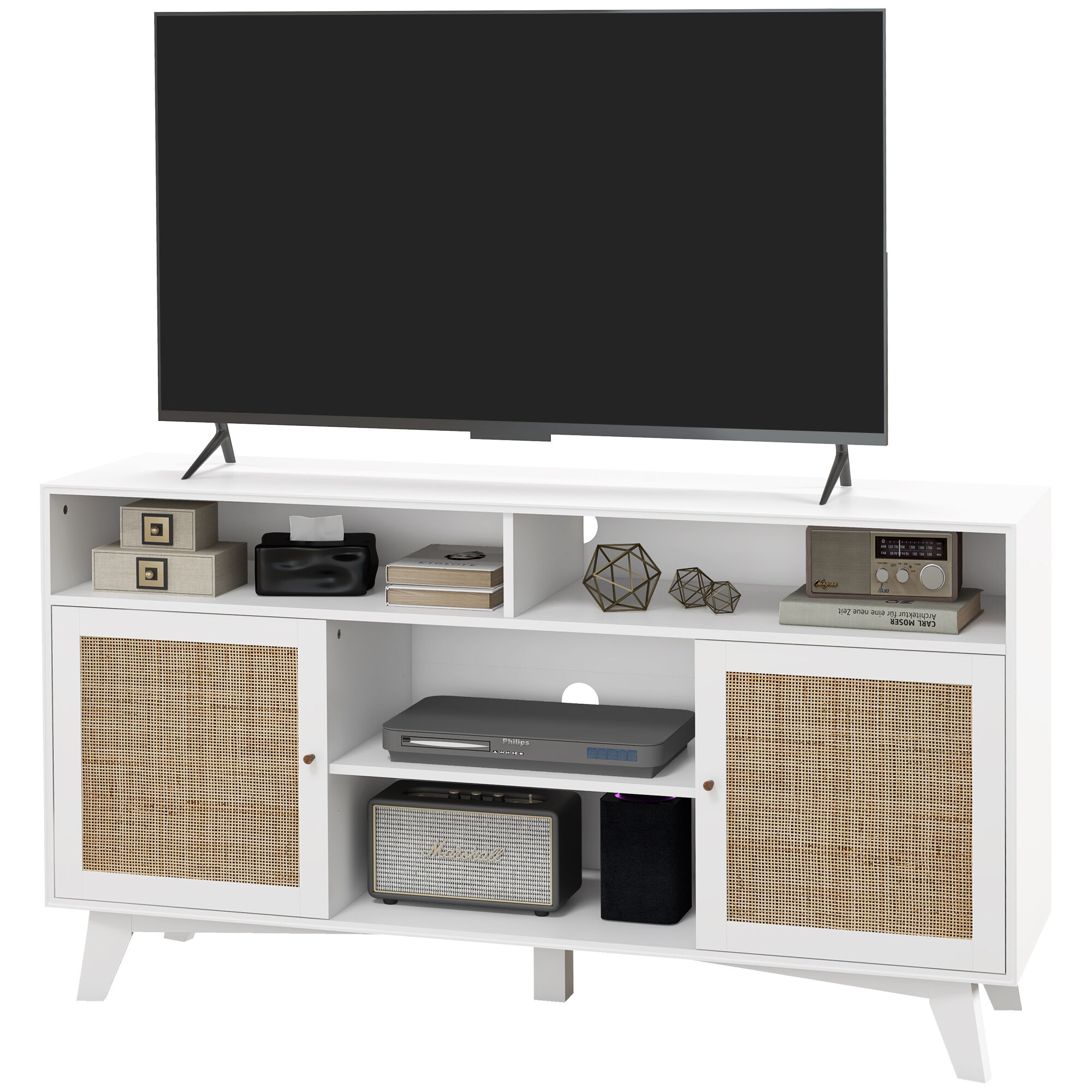 HOMCOM TV Console with Rattan Doors, Adjustable Shelves, and Cable Management for 65" TVs