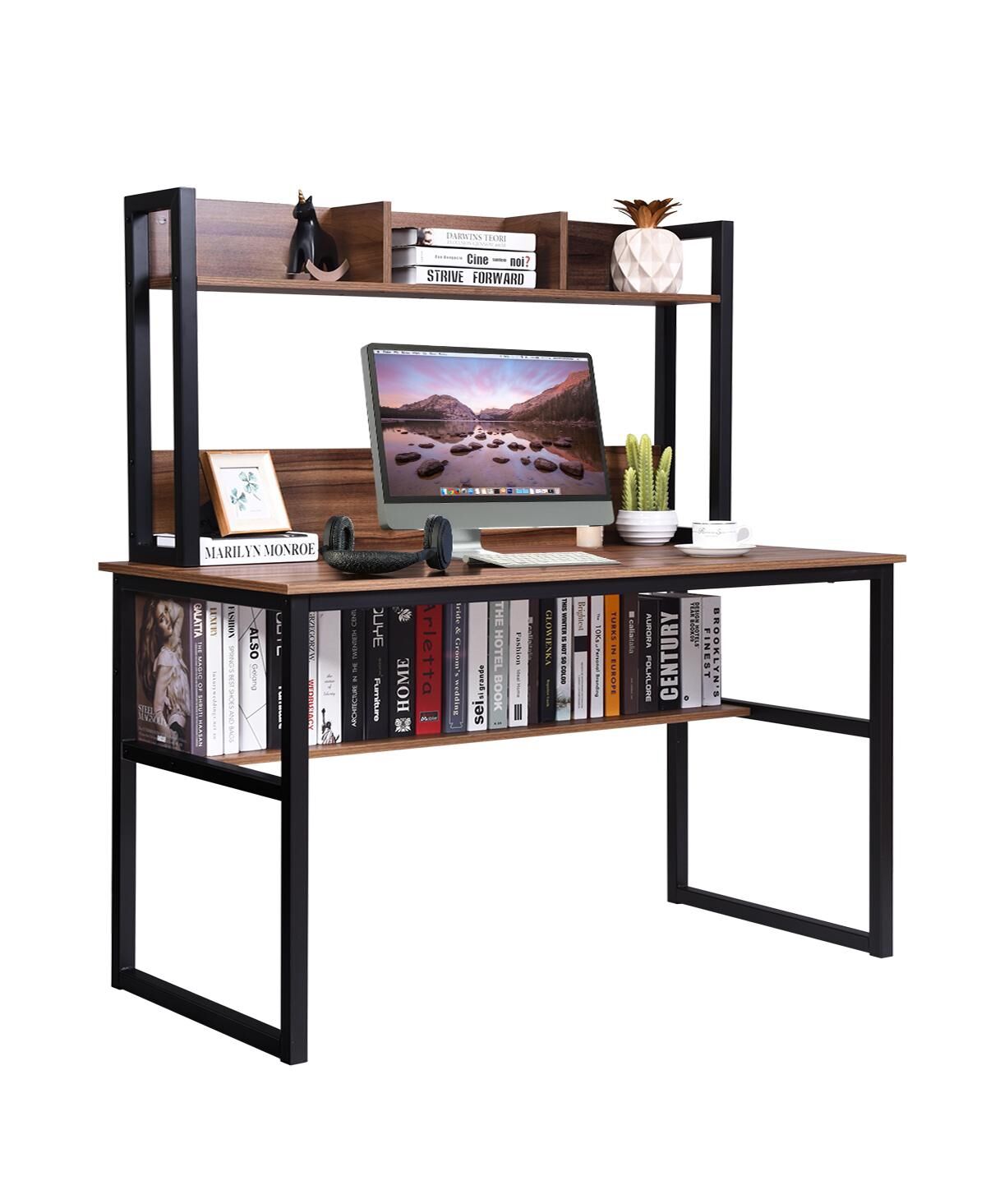 Costway Computer Desk with Hutch Bookshelf Storage Wrting Desk - Dark Brown