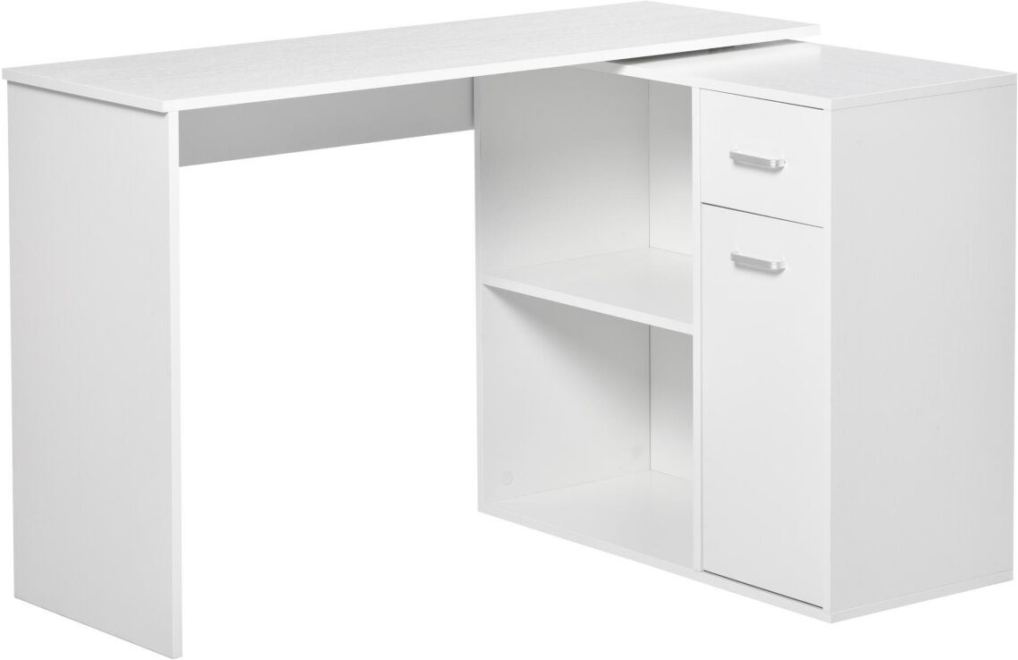 Homcom L Shaped Computer Desk, 180° Rotating Corner Desk with Storage Shelves, Drawer and Cabinet, Study Workstation for Home Office, White - White