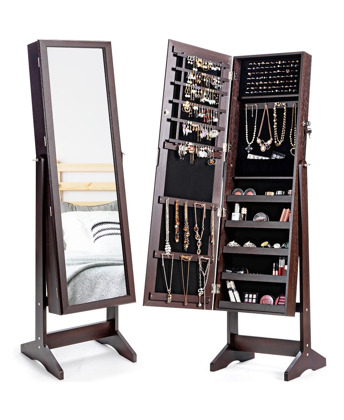 Costway Jewelry Cabinet Stand Mirror Armoire Lockable Organizer Large Storage Box - Brown
