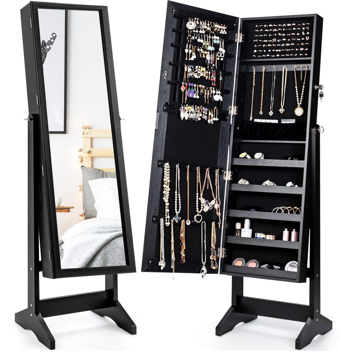 Costway Jewelry Cabinet Stand Mirror Armoire Lockable Organizer Large Storage Box - Black