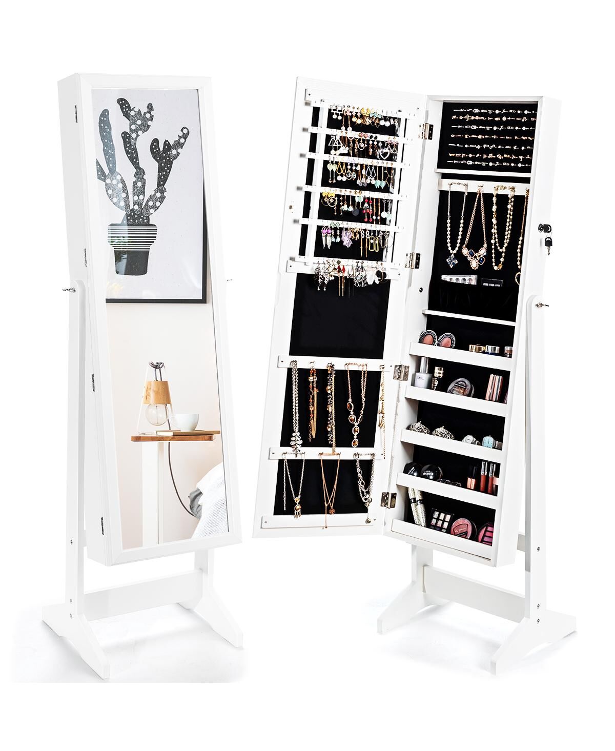 Costway Jewelry Cabinet Stand Mirror Armoire Lockable Organizer Large Storage Box - White