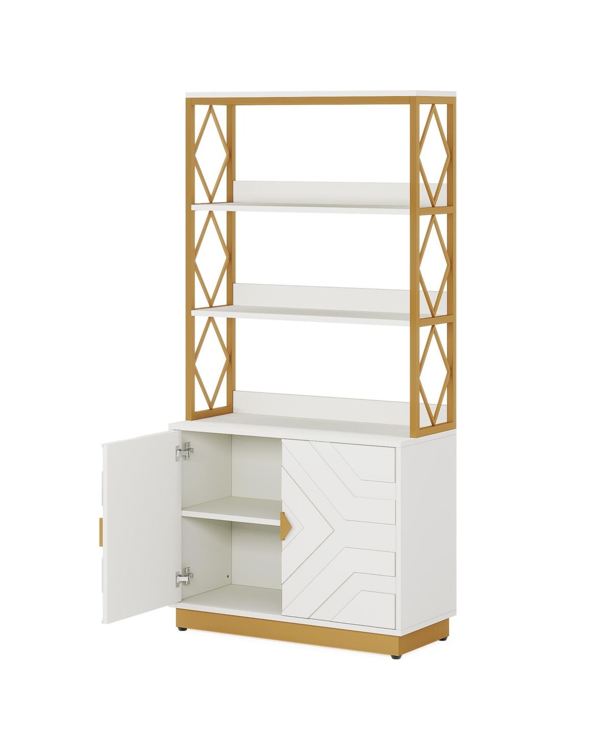 Tribesigns Tribe signs White and Gold Bookshelf with Doors: 70.9 Inches Tall Etagere Bookcase with 3 Shelves 2 Cabinets (White and Gold) - White