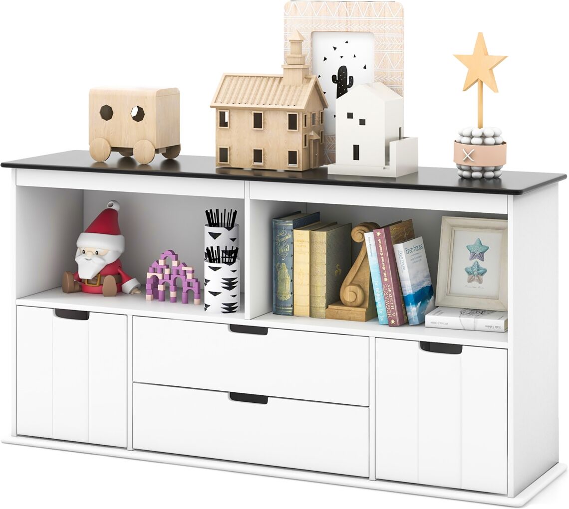 Costway Kids Toy Storage Organizer Wooden Bookshelf Tv Stand with Drawers Blackboard Top - White