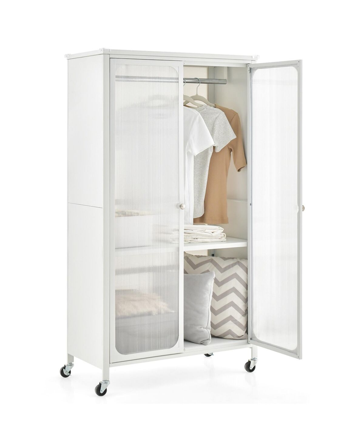 Costway Storage Wardrobe Cabinet Mobile Armoire Closet with Hanging Rod & Adjustable Shelf - White