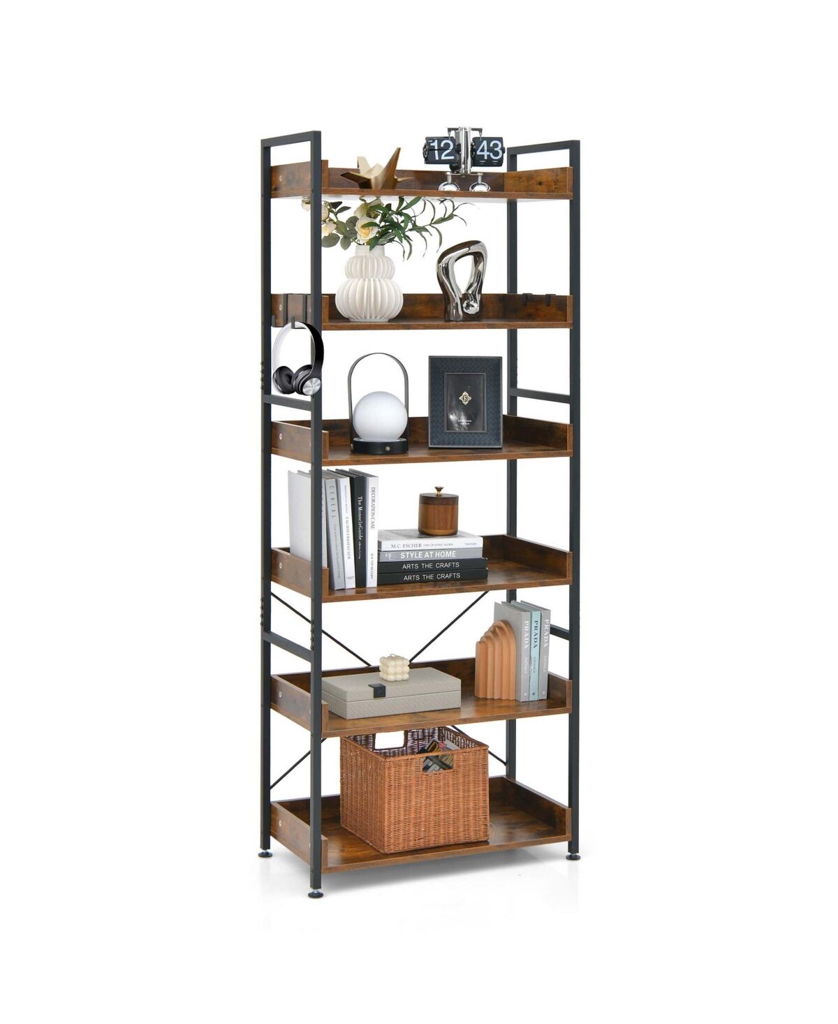 Costway 6-Tier Bookshelf Open Display Shelves Storage Rack Metal Frame - Brown