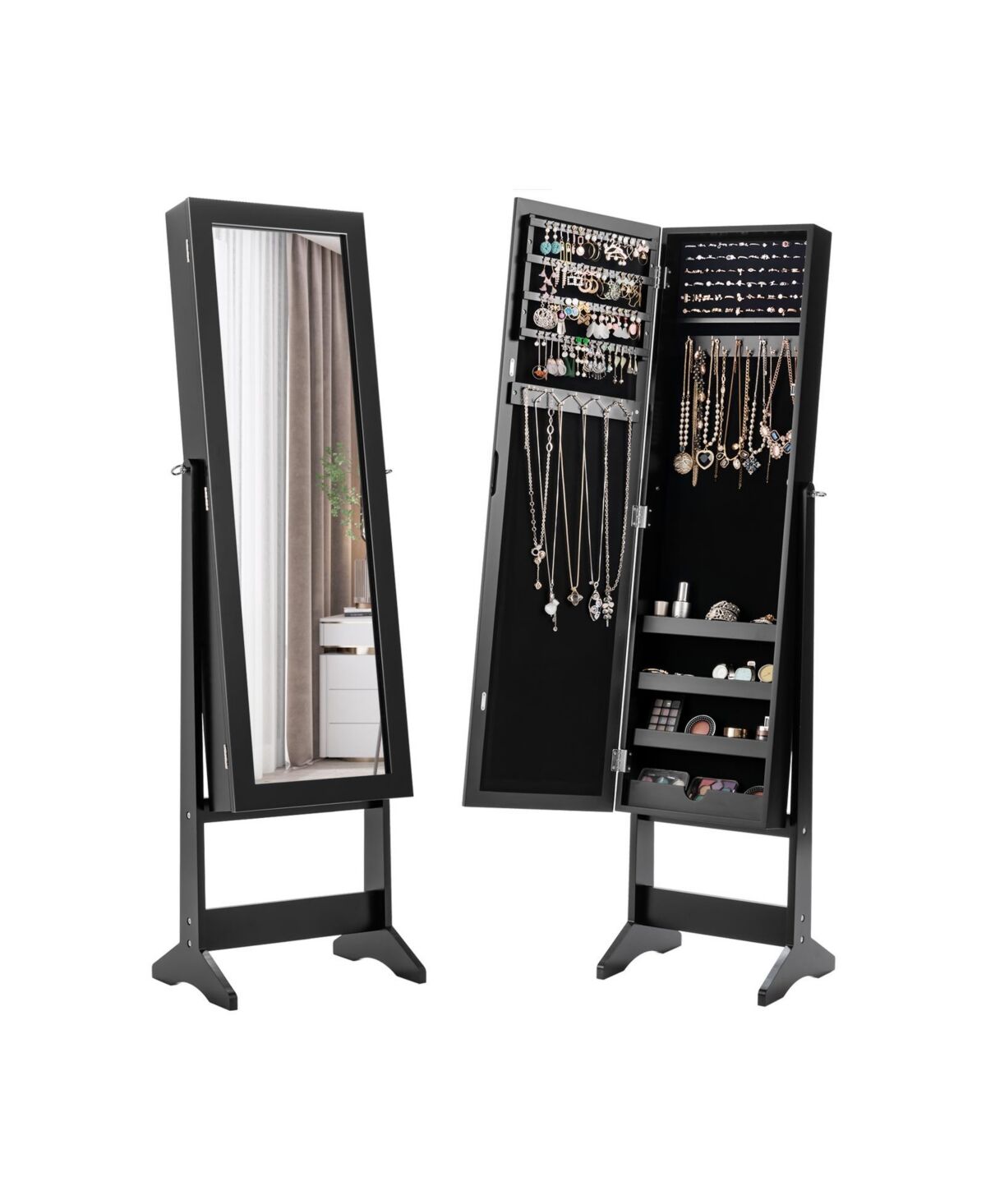Sugift Mirrored Standing Jewelry Cabinet Storage Box-Black - Black