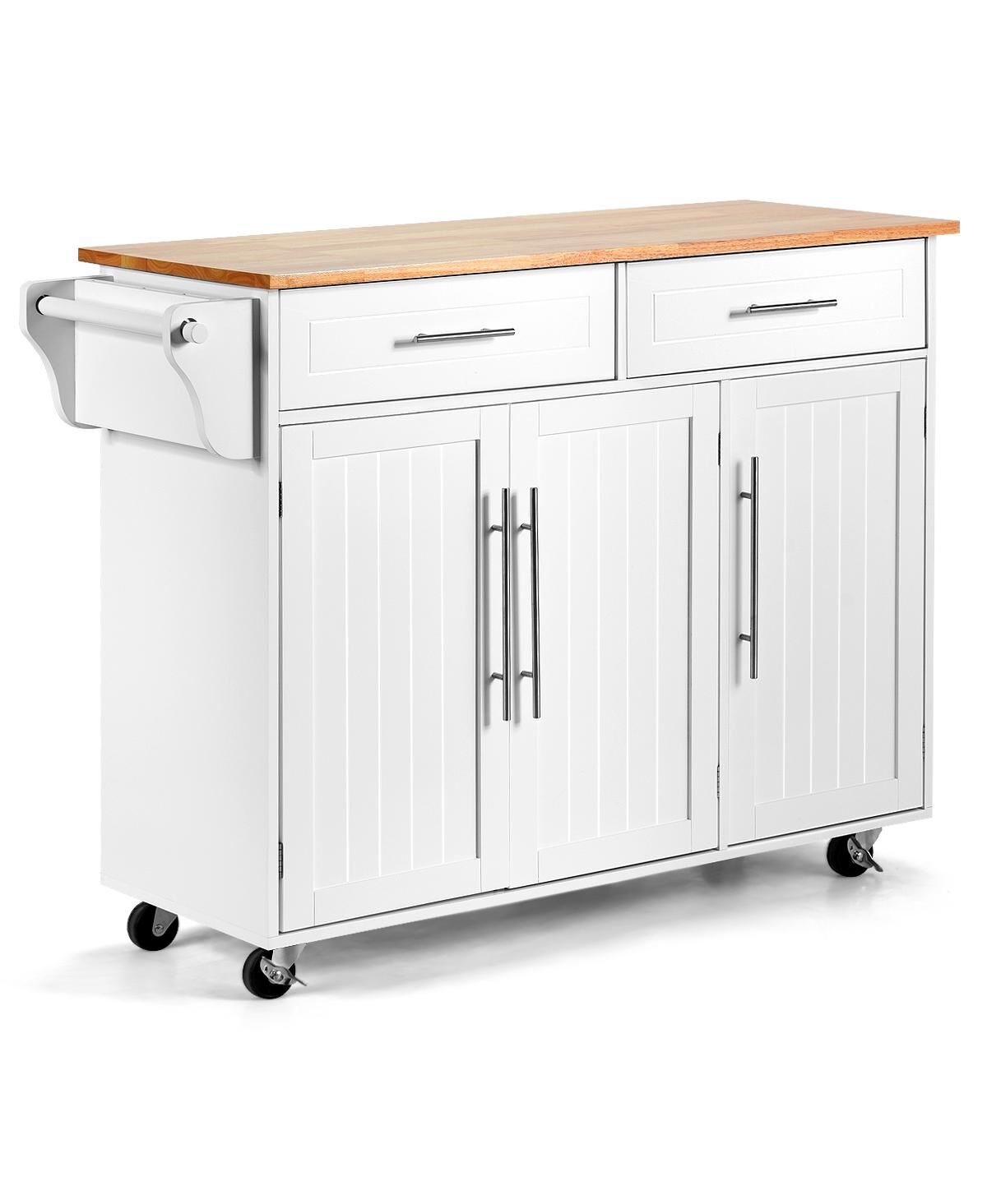 Costway Kitchen Island Trolley Cart Wood Brown Top Rolling Storage Cabinet - White