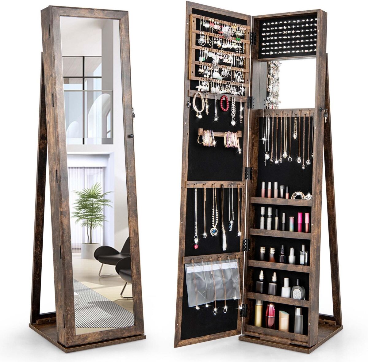 Costway Mirrored Jewelry Cabinet Armoire Lockable Standing Storage Organizer with Shelf - Brown