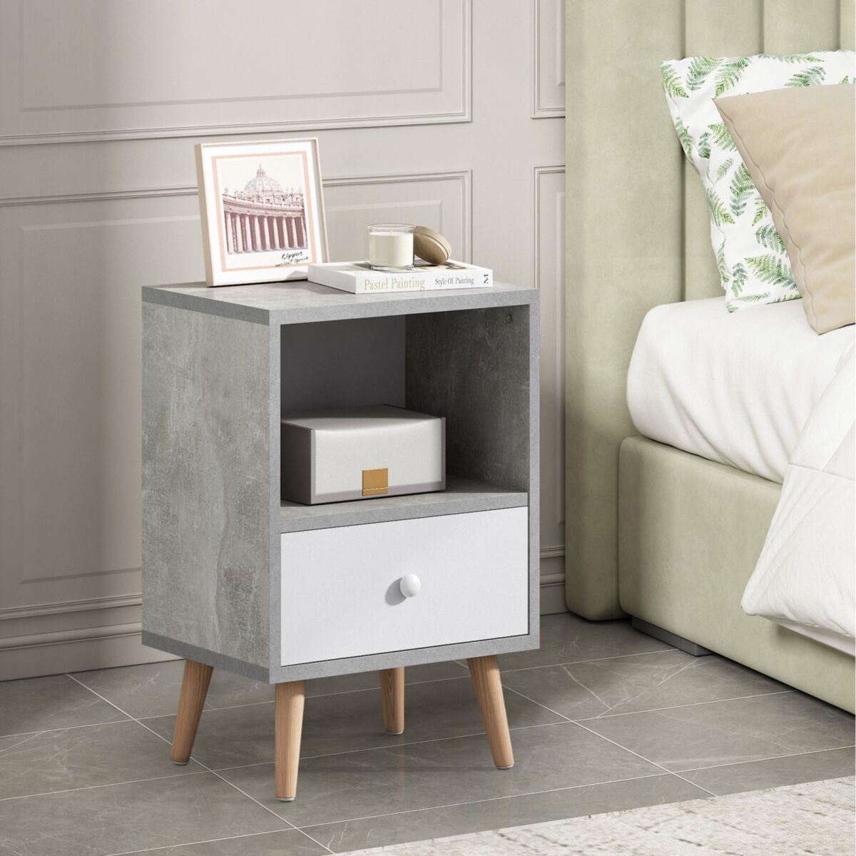 Simplie Fun Mid-Century Wood Nightstand Set of 2, Bed Sofa Side Table with Drawer and Shelf, Modern End Table for Living Room Bedroom Office - Grey
