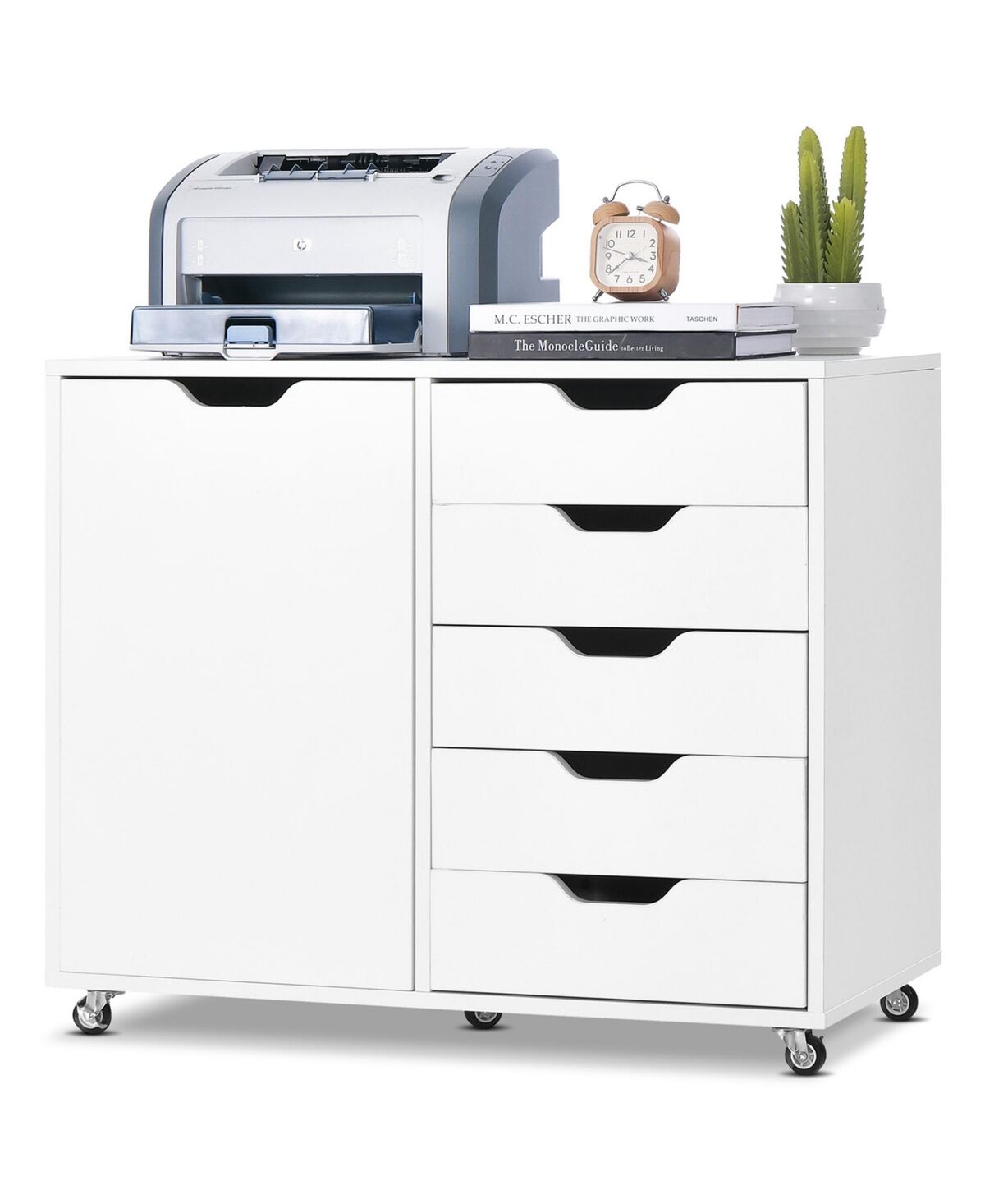 Costway 5-Drawer Chest Rolling Storage Dresser Lateral File Cabinet with Adjustable Shelf - White