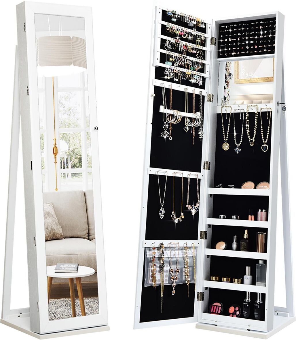 Costway Mirrored Jewelry Cabinet Lockable Standing Storage Organizer W/ Shelf - White