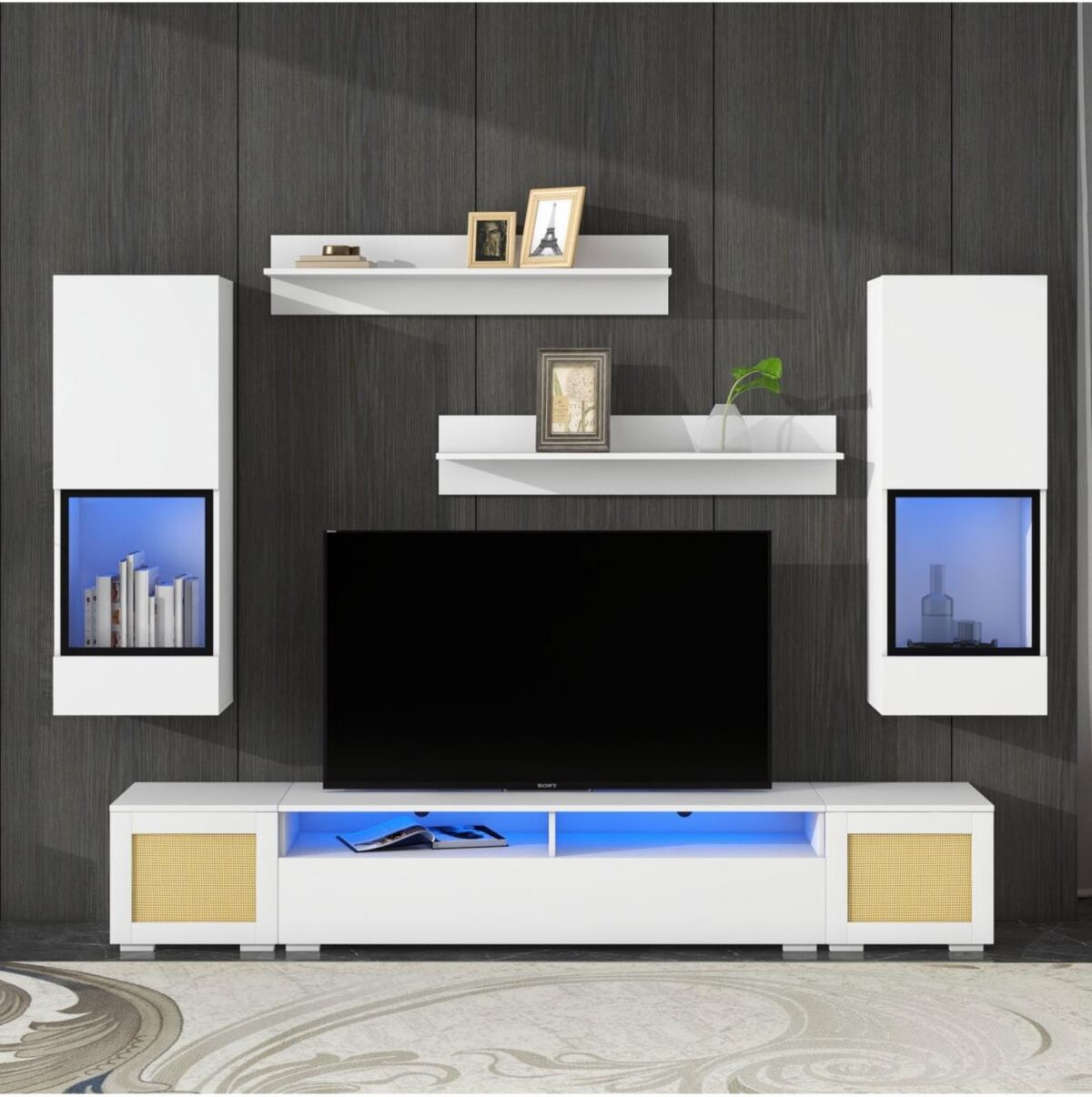 Simplie Fun Extended, Rattan Style Entertainment Center, 7 Pieces Floating Tv Console Table for Tvs Up to 90